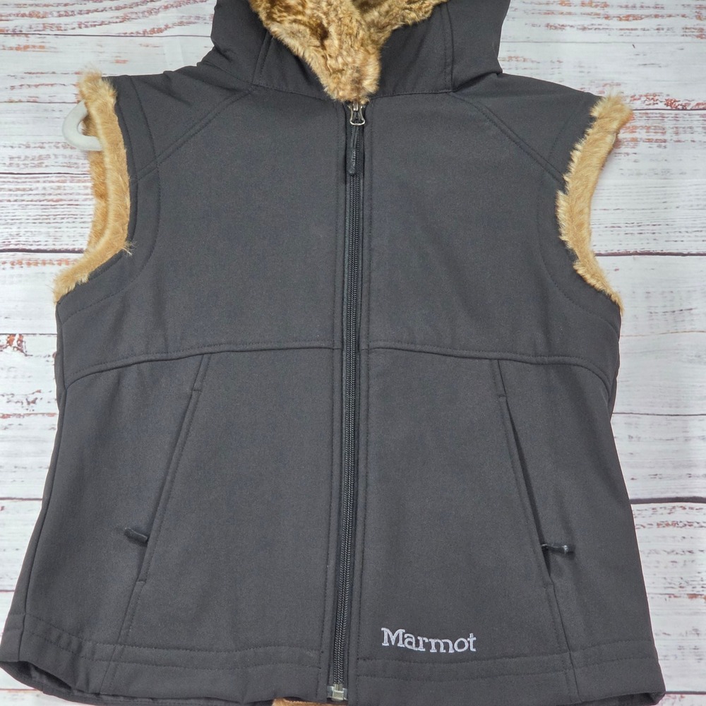 Marmot Softshell Vest Women Small Black Excellent Faux Fur Lined Hooded Gorpcore